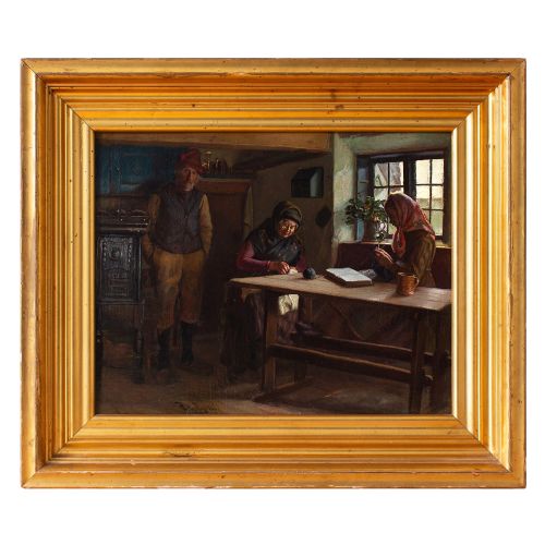 Hans Hessellund, Interior Scene with Family, 19th Century Oil Painting