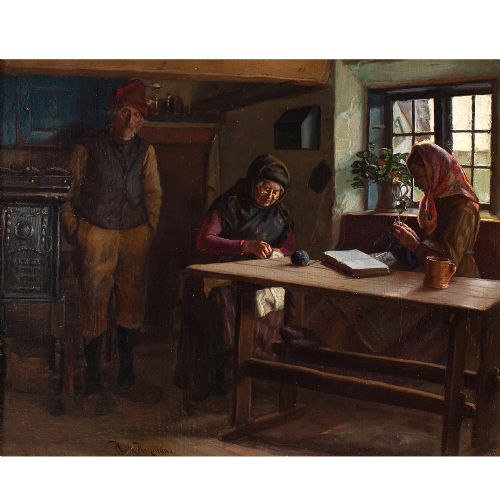 fig 2. Hans Hessellund, Interior Scene With Family, 19th Century Oil Painting