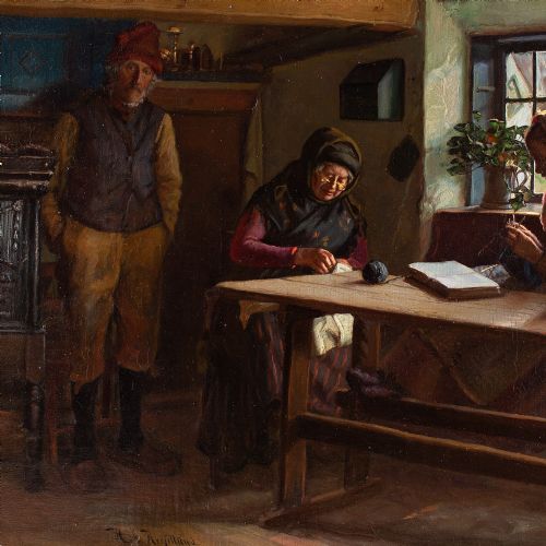 fig 3. Hans Hessellund, Interior Scene With Family, 19th Century Oil Painting