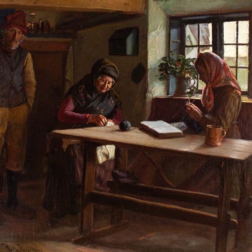 fig 4. Hans Hessellund, Interior Scene With Family, 19th Century Oil Painting
