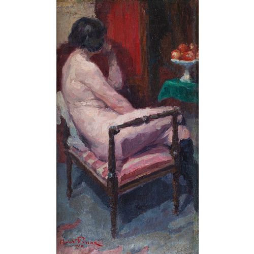 fig 2. Oswald Poreau, Seated Nude In Leather Boots, Oil Painting