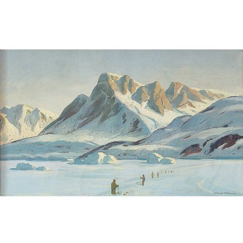 fig 1. Emanuel A Petersen, Arctic Landscape With Inuit, Oil Painting, Greenland
