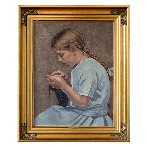Gustav Vermehren, Study of a Girl Knitting, Oil Painting