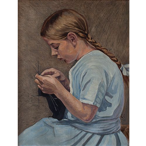 fig 1. Gustav Vermehren, Study Of A Girl Knitting, Oil Painting