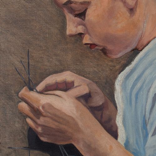 fig 4. Gustav Vermehren, Study Of A Girl Knitting, Oil Painting