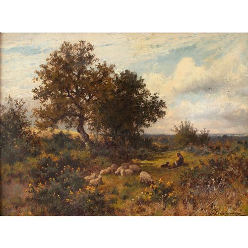 fig 1. Joseph Paulman, Pastoral Scene With Grazing Sheep, 19th Century Oil Painting