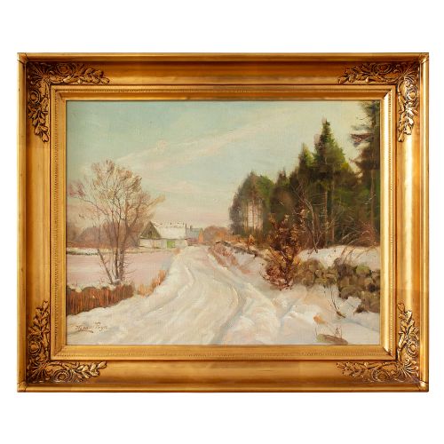Harald Pryn, Winter Landscape with Track & Buildings, Oil Painting