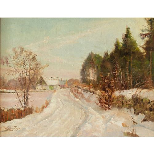 fig 1. Harald Pryn, Winter Landscape With Track & Buildings, Oil Painting