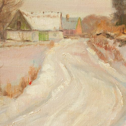 fig 3. Harald Pryn, Winter Landscape With Track & Buildings, Oil Painting