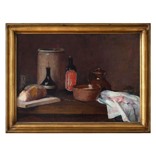 Herman Vedel, Still Life with Bread, Bottles, Bowls & Cloth, Oil Painting