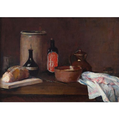 fig 1. Herman Vedel, Still Life With Bread, Bottles, Bowls & Cloth, Oil Painting