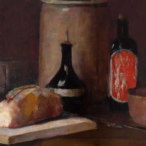 fig 2. Herman Vedel, Still Life With Bread, Bottles, Bowls & Cloth, Oil Painting