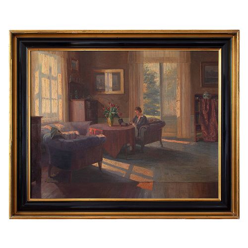 Robert Panitzsch, Sunlit Interior, Large 1930s Danish Oil Painting