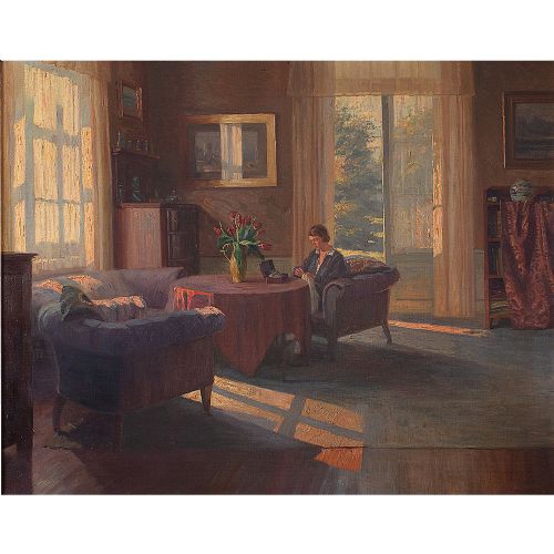 fig 1. Robert Panitzsch, Sunlit Interior, Large 1930s Danish Oil Painting