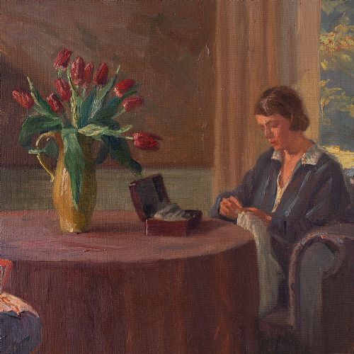 fig 2. Robert Panitzsch, Sunlit Interior, Large 1930s Danish Oil Painting