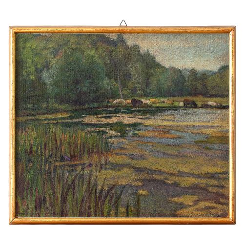 Georgio Aicardi, Cattle Grazing by a River, 20th Century Oil Painting