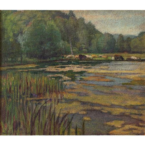 fig 2. Georgio Aicardi, Cattle Grazing By A River, 20th Century Oil Painting