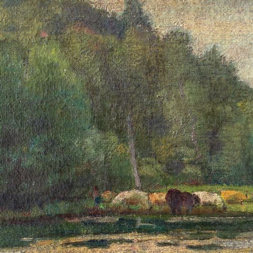 fig 3. Georgio Aicardi, Cattle Grazing By A River, 20th Century Oil Painting