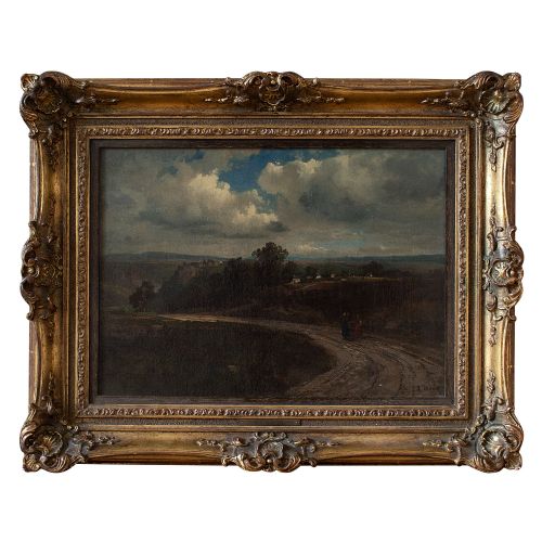 19th-century German School, Rural View with Cloudy Sky, Landscape Painting
