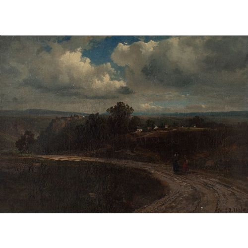 fig 1. 19th-Century German School, Rural View With Cloudy Sky, Landscape Painting