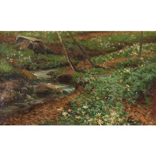 fig 1. Carl Milton Jensen, Forest Scenery With Chaffinches & Stream, Antique Oil Painting