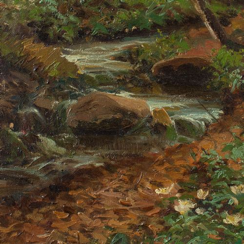 fig 2. Carl Milton Jensen, Forest Scenery With Chaffinches & Stream, Antique Oil Painting