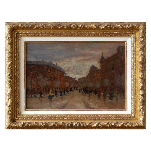 Antal Berkes, Impressionistic Street Scene with Figures, Antique Oil Painting