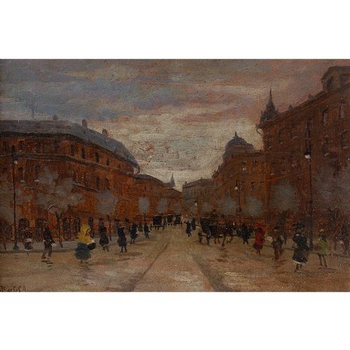 fig 2. Antal Berkes, Impressionistic Street Scene With Figures, Antique Oil Painting