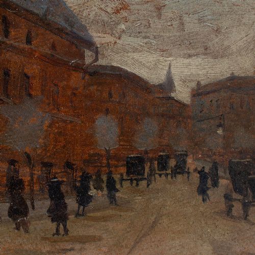fig 3. Antal Berkes, Impressionistic Street Scene With Figures, Antique Oil Painting