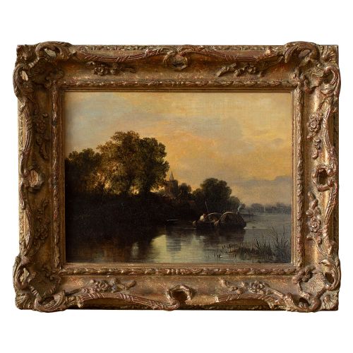 19th-century British School River Landscape with Barges, Antique Oil Painting