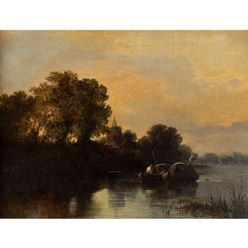 fig 1. 19th-Century British School River Landscape With Barges, Antique Oil Painting