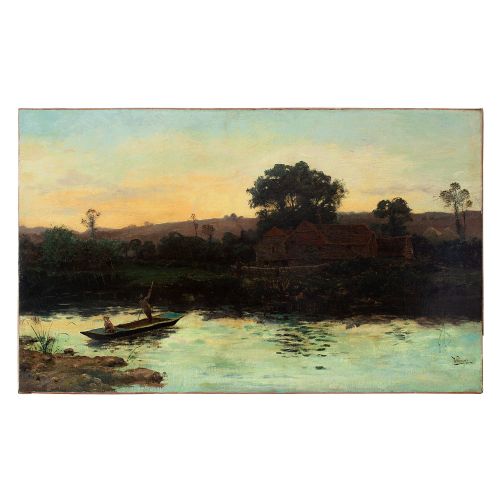 19th-century River Landscape with Sunset, Antique Oil Painting