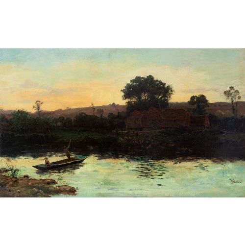 fig 1. 19th-Century River Landscape With Sunset, Antique Oil Painting