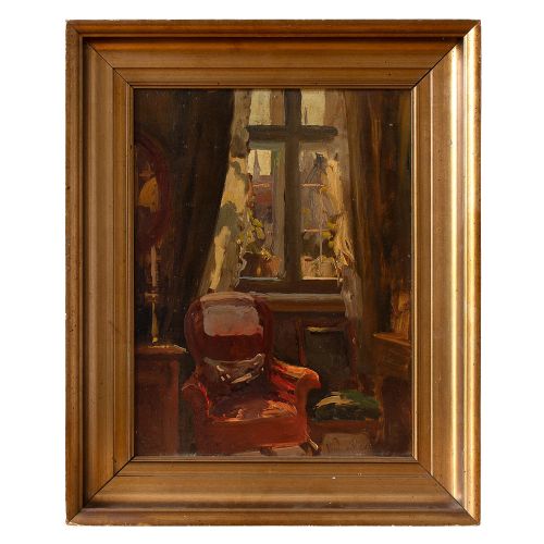 Viggo Pedersen, Lounge Interior with Red Armchair, 1920s Oil Painting