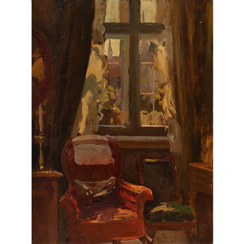 fig 1. Viggo Pedersen, Lounge Interior With Red Armchair, 1920s Oil Painting