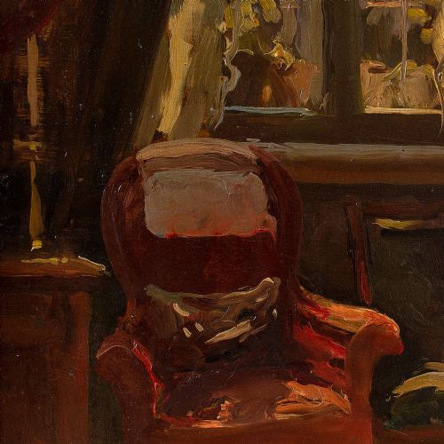 fig 3. Viggo Pedersen, Lounge Interior With Red Armchair, 1920s Oil Painting