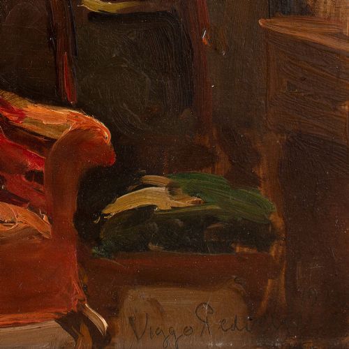 fig 4. Viggo Pedersen, Lounge Interior With Red Armchair, 1920s Oil Painting