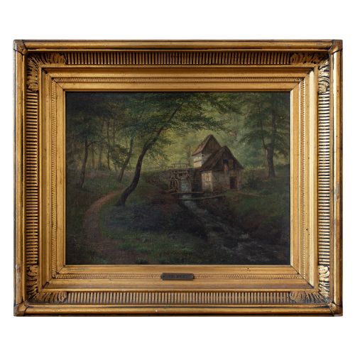 Johannes Boesen, Forest Landscape with Watermill, Antique Oil Painting, Danish