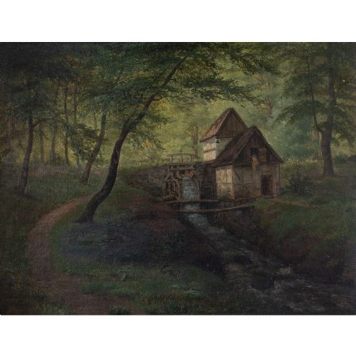fig 1. Johannes Boesen, Forest Landscape With Watermill, Antique Oil Painting, Danish