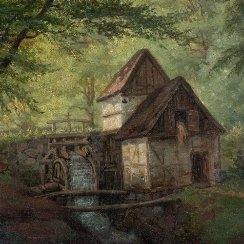 fig 3. Johannes Boesen, Forest Landscape With Watermill, Antique Oil Painting, Danish