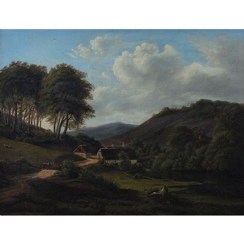 fig 1. Attr. Frederik Christian Kiaerskou, Farmhouses With Track & Distant Mountains, Antique Oil Painting