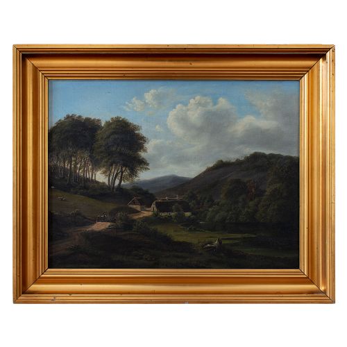 Attr. Frederik Christian Kiaerskou, Farmhouses with Track & Distant Mountains, Antique Oil Painting