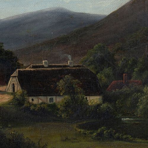 fig 2. Attr. Frederik Christian Kiaerskou, Farmhouses With Track & Distant Mountains, Antique Oil Painting