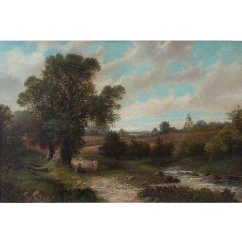 fig 1. R Percy, British School Landscape With Stream, Track & Distant Church, Antique Oil Painting