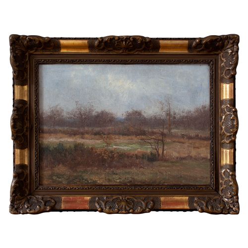 Leon Marie Benoit, Autumnal Landscape with Distant Hills, Antique Oil Painting
