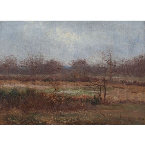 fig 1. Leon Marie Benoit, Autumnal Landscape With Distant Hills, Antique Oil Painting
