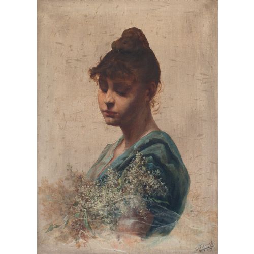 fig 1. Late 19th-Century Belgian School Portrait Study Of A Woman, Antique Oil Painting