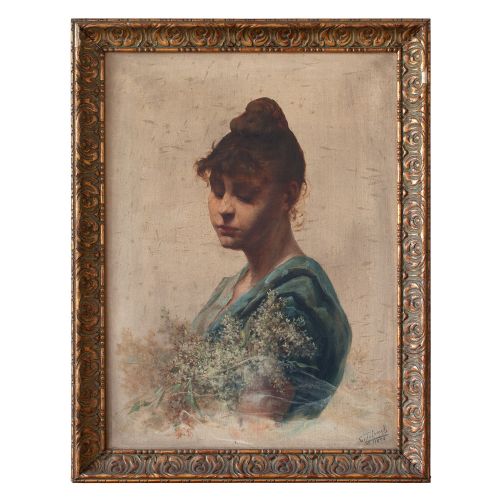 Late 19th-century Belgian School Portrait Study of a Woman, Antique Oil Painting