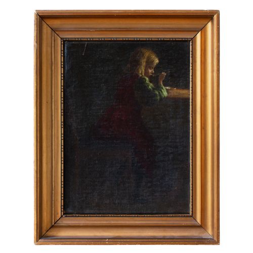 Valdemar Magaard, Interior Scene with Girl at Table, Antique 19th Century Oil Painting