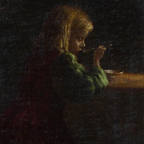 fig 1. Valdemar Magaard, Interior Scene With Girl At Table, Antique 19th Century Oil Painting